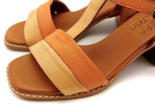 Дамски сандали от естествена кожа в светло кафяво и бисквитено бежово на среден ток - Модел Розалия.