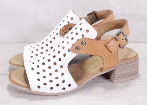 Дамски сандали на нисък ток от естествена кожа в бяло и светло кафяво - Модел Карина.