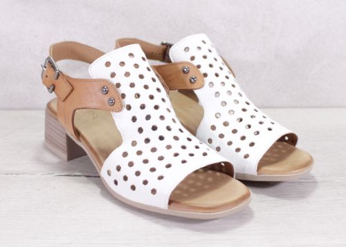 Дамски сандали на нисък ток от естествена кожа в бяло и светло кафяво - Модел Карина.