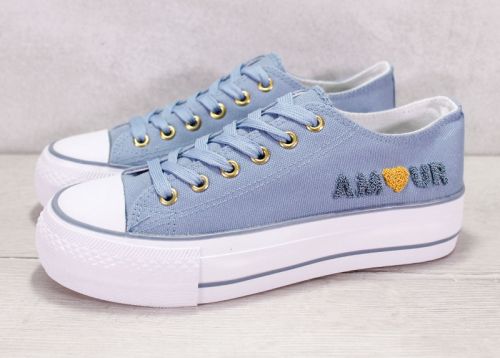 Дамски Кецове с Удебелено Ходило и Ефектен Надпис - Сини, модел 2316-5