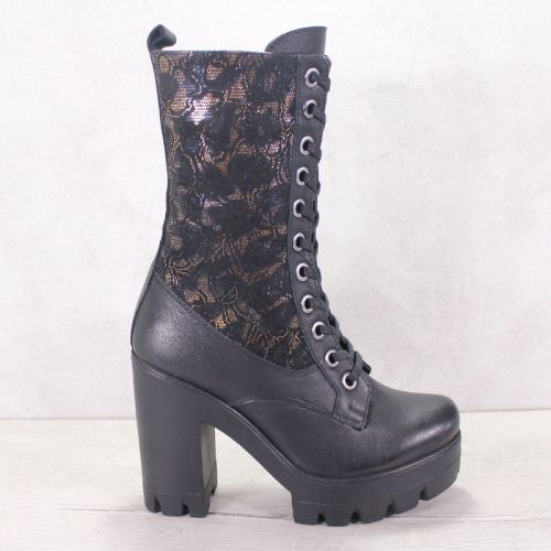 -Дамски високи кубинки от естествена кожа в черно със златисти елементи - Модел Glamour Heights