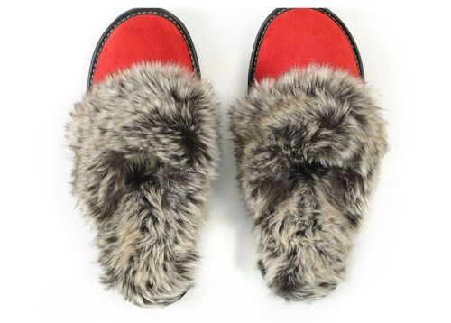 Дамски, домашни чехли от естествен велур в червено -  Модел Sana-ph-cvv