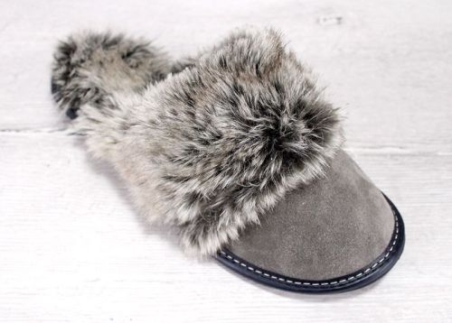Дамски, домашни чехли от естествен велур в сиво -  Модел Sana-ph-svv