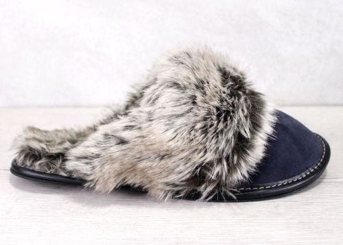 Дамски, домашни чехли от естествен велур в тймна синьо -  Модел Sana-ph-tsnv