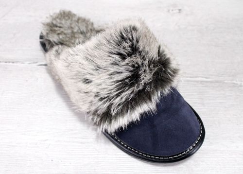 Дамски, домашни чехли от естествен велур в тймна синьо -  Модел Sana-ph-tsnv