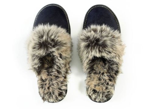 Дамски, домашни чехли от естествен велур в тймна синьо -  Модел Sana-ph-tsnv