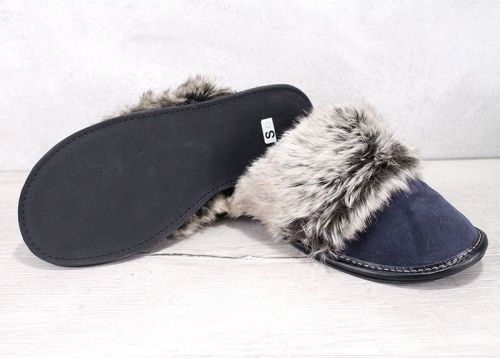 Дамски, домашни чехли от естествен велур в тймна синьо -  Модел Sana-ph-tsnv