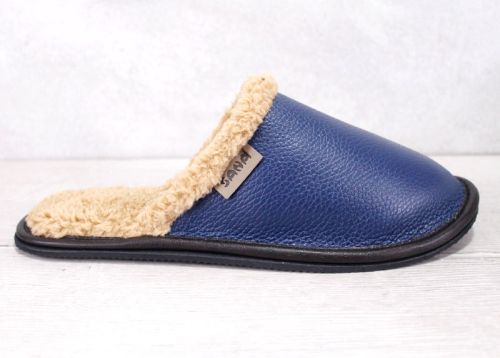 Дамски, домашни чехли от естествена кожа в тъмно синьо -  Модел Sana-01-tsnk