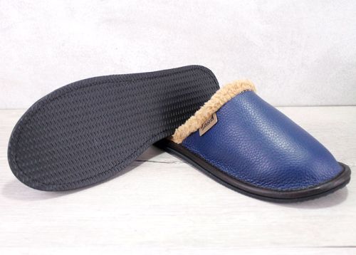 Дамски, домашни чехли от естествена кожа в тъмно синьо -  Модел Sana-01-tsnk