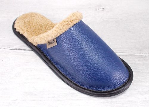 Дамски, домашни чехли от естествена кожа в тъмно синьо -  Модел Sana-01-tsnk