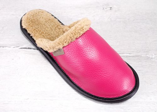 Дамски, домашни чехли от естествена кожа в цикламено -  Модел Sana-01-tzk