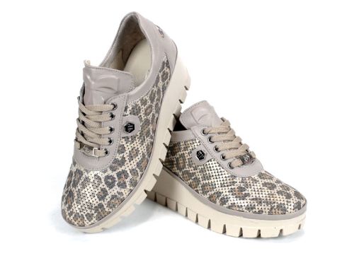 Pantofi dama primavara-vara din piele naturala cu model leopard si platforma in bej - model Golden Touch