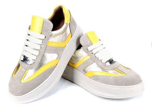 Дамски сникърси от бежов велур, златиста и жълта кожа с равно ходило - модел Golden Ray