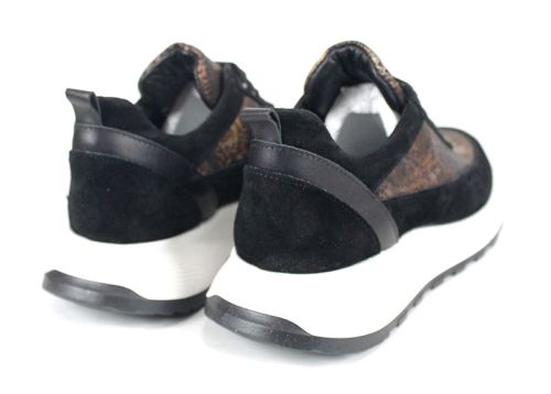 Дамски спортни обувки от черен велур и кафява кожа със змийски принт - модел Snake Chic