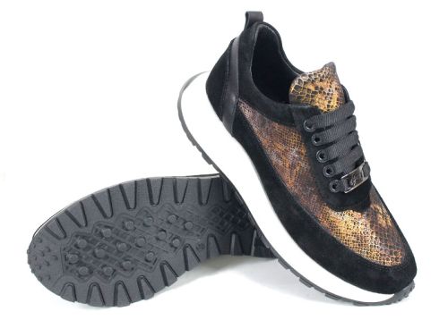 Дамски спортни обувки от черен велур и кафява кожа със змийски принт - модел Snake Chic
