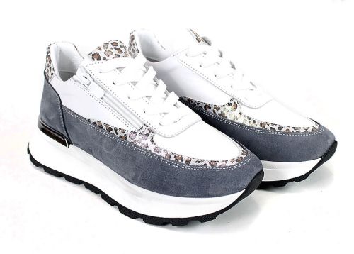 Дамски сникърси от естествена кожа и велур, цип и връзки - модел Pearl Touch 