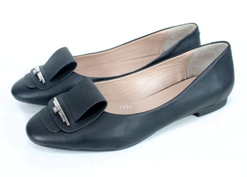 Дамски балерини от естествена кожа – черни с декоративна панделка - модел Royal Comfort