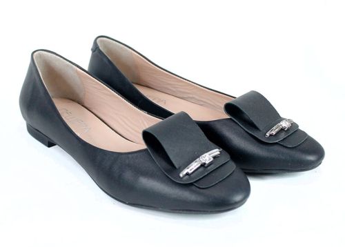 Дамски балерини от естествена кожа – черни с декоративна панделка - модел Royal Comfort