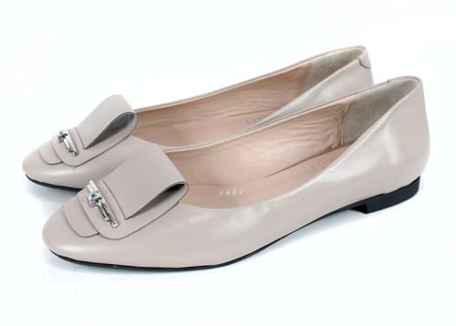 Дамски балерини от естествена кожа – цвят визон с декоративна панделка - модел Royal Comfort