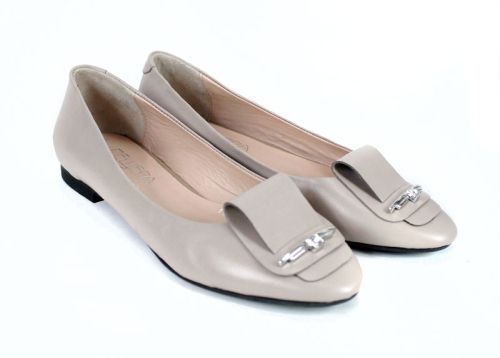 Дамски балерини от естествена кожа – цвят визон с декоративна панделка - модел Royal Comfort