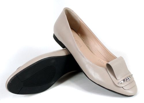 Дамски балерини от естествена кожа – цвят визон с декоративна панделка - модел Royal Comfort