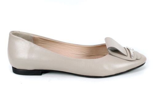 Дамски балерини от естествена кожа – цвят визон с декоративна панделка - модел Royal Comfort