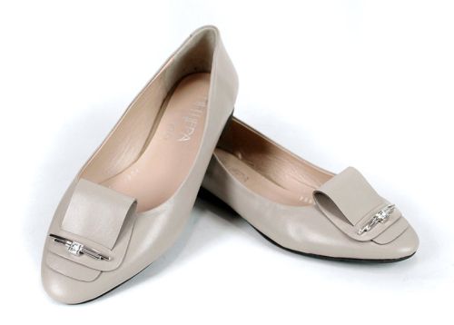 Дамски балерини от естествена кожа – цвят визон с декоративна панделка - модел Royal Comfort