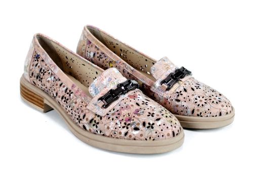 Дамски ежедневни летни обувки – розова естествена кожа с флорален принт и перфорация – модел Flora Light 