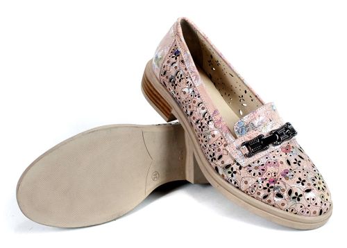 Дамски ежедневни летни обувки – розова естествена кожа с флорален принт и перфорация – модел Flora Light 