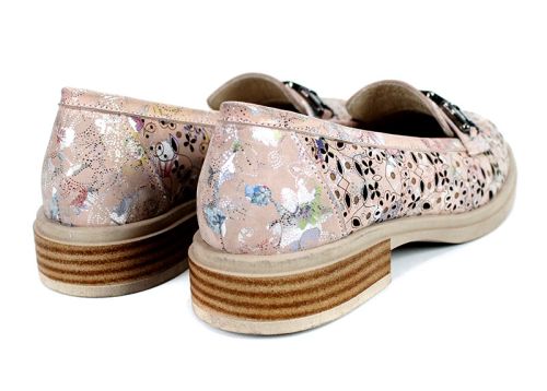 Дамски ежедневни летни обувки – розова естествена кожа с флорален принт и перфорация – модел Flora Light 