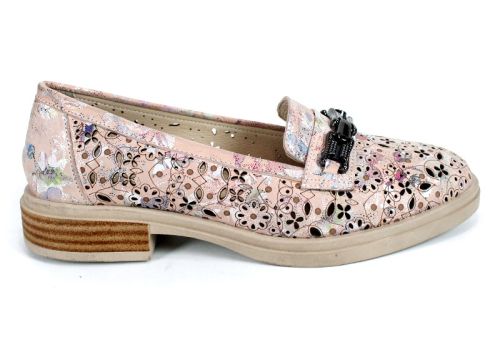 Дамски ежедневни летни обувки – розова естествена кожа с флорален принт и перфорация – модел Flora Light 