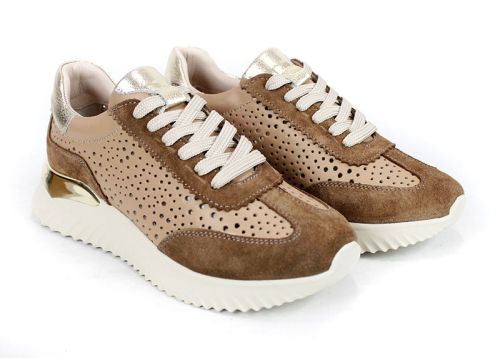 Дамски сникърси от естествена кожа с перфорация и велур в цвят мока - модел Diva Glam
