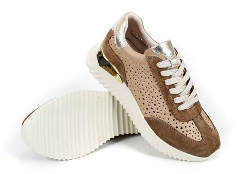 Дамски сникърси от естествена кожа с перфорация и велур в цвят мока - модел Diva Glam