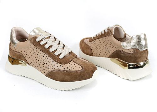 Дамски сникърси от естествена кожа с перфорация и велур в цвят мока - модел Diva Glam