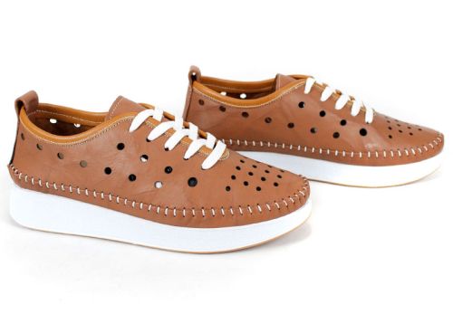 Дамски летни обувки, естествена кожа с перфорация, кафяви
