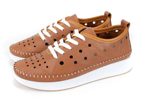 Дамски летни обувки, естествена кожа с перфорация, кафяви