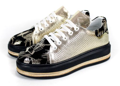 Дамски ежедневни обувки от естествена кожа и набук в злато и черно – модел Sienna Mode