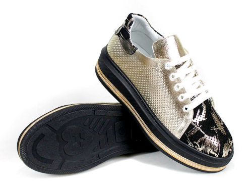 Дамски ежедневни обувки от естествена кожа и набук в злато и черно – модел Sienna Mode