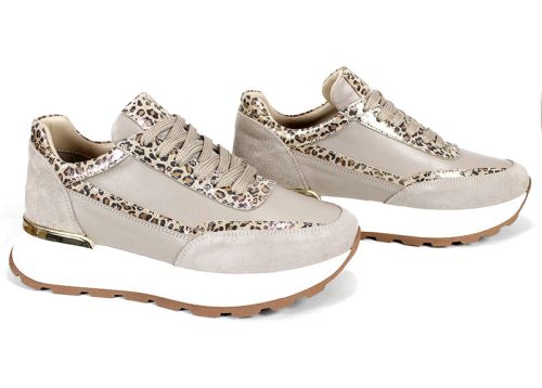 Дамски сникърси от естествена кожа и велур във визон с животински принт и бяло спортно ходило