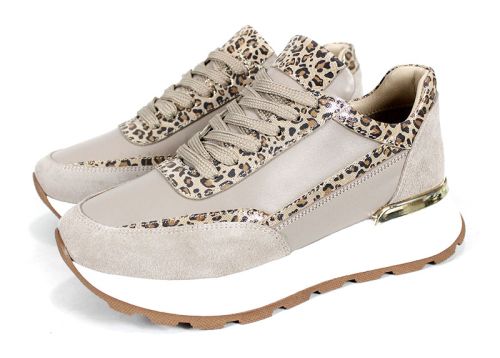 Дамски сникърси от естествена кожа и велур във визон с животински принт и бяло спортно ходило