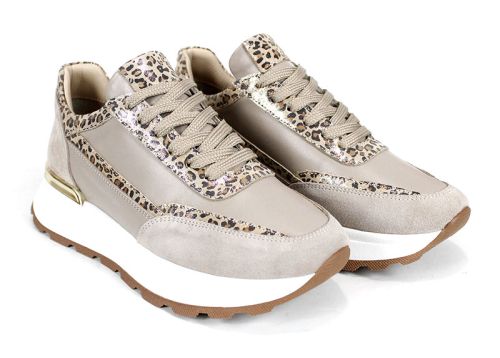 Дамски сникърси от естествена кожа и велур във визон с животински принт и бяло спортно ходило