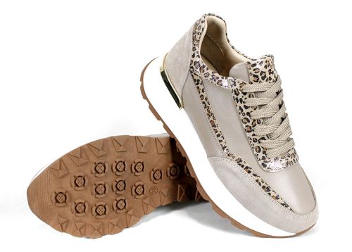 Дамски сникърси от естествена кожа и велур във визон с животински принт и бяло спортно ходило
