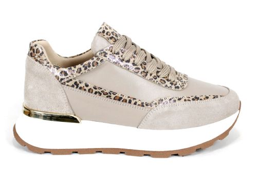 Дамски сникърси от естествена кожа и велур във визон с животински принт и бяло спортно ходило