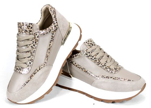 Дамски сникърси от естествена кожа и велур във визон с животински принт и бяло спортно ходило