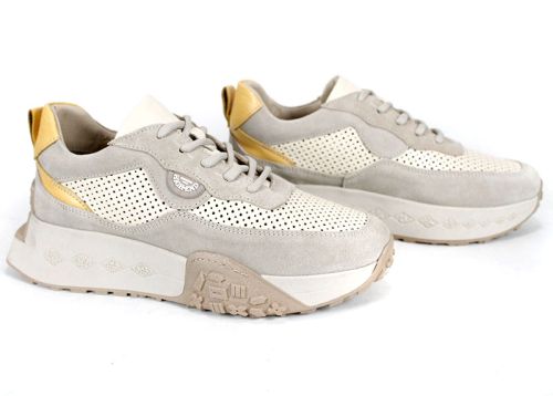 Дамски сникърси бежово и жълто от естествена кожа и велур с перфорация