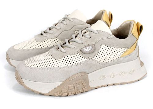 Дамски сникърси бежово и жълто от естествена кожа и велур с перфорация