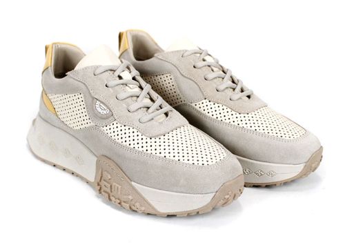 Дамски сникърси бежово и жълто от естествена кожа и велур с перфорация