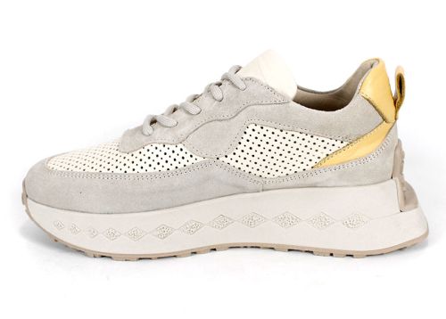 Дамски сникърси бежово и жълто от естествена кожа и велур с перфорация