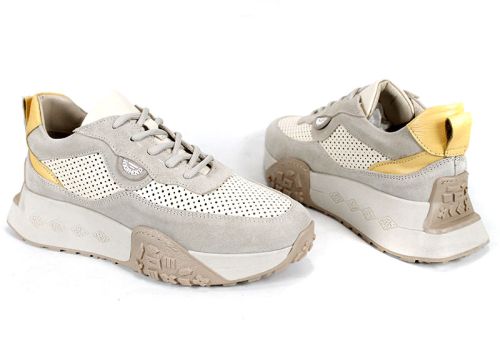 Дамски сникърси бежово и жълто от естествена кожа и велур с перфорация