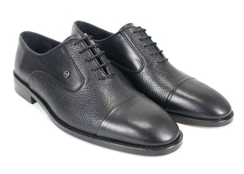 мъжки официални обувки от черна естествена кожа с комбинация от гладка и релефна шагренена кожа